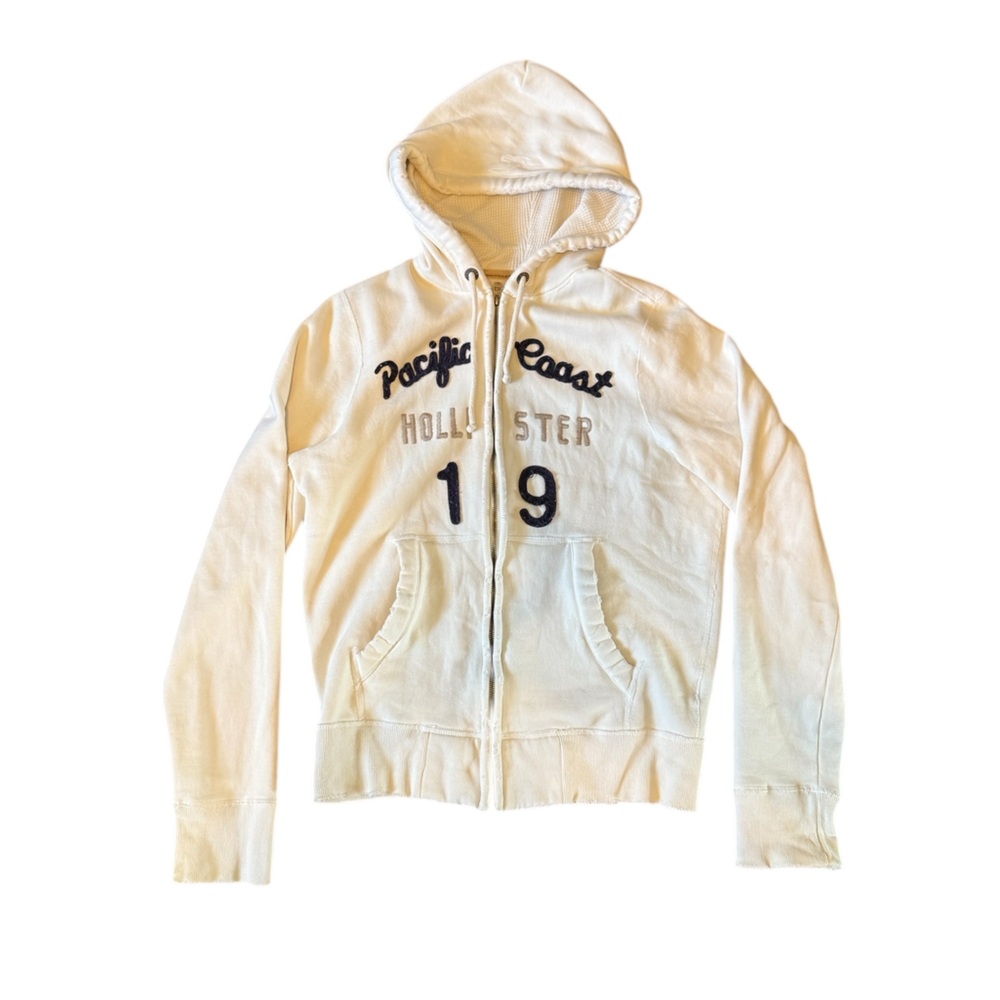 Hoodie Sweatshirt Hollister distressed Cream Full zip Hoodie Large